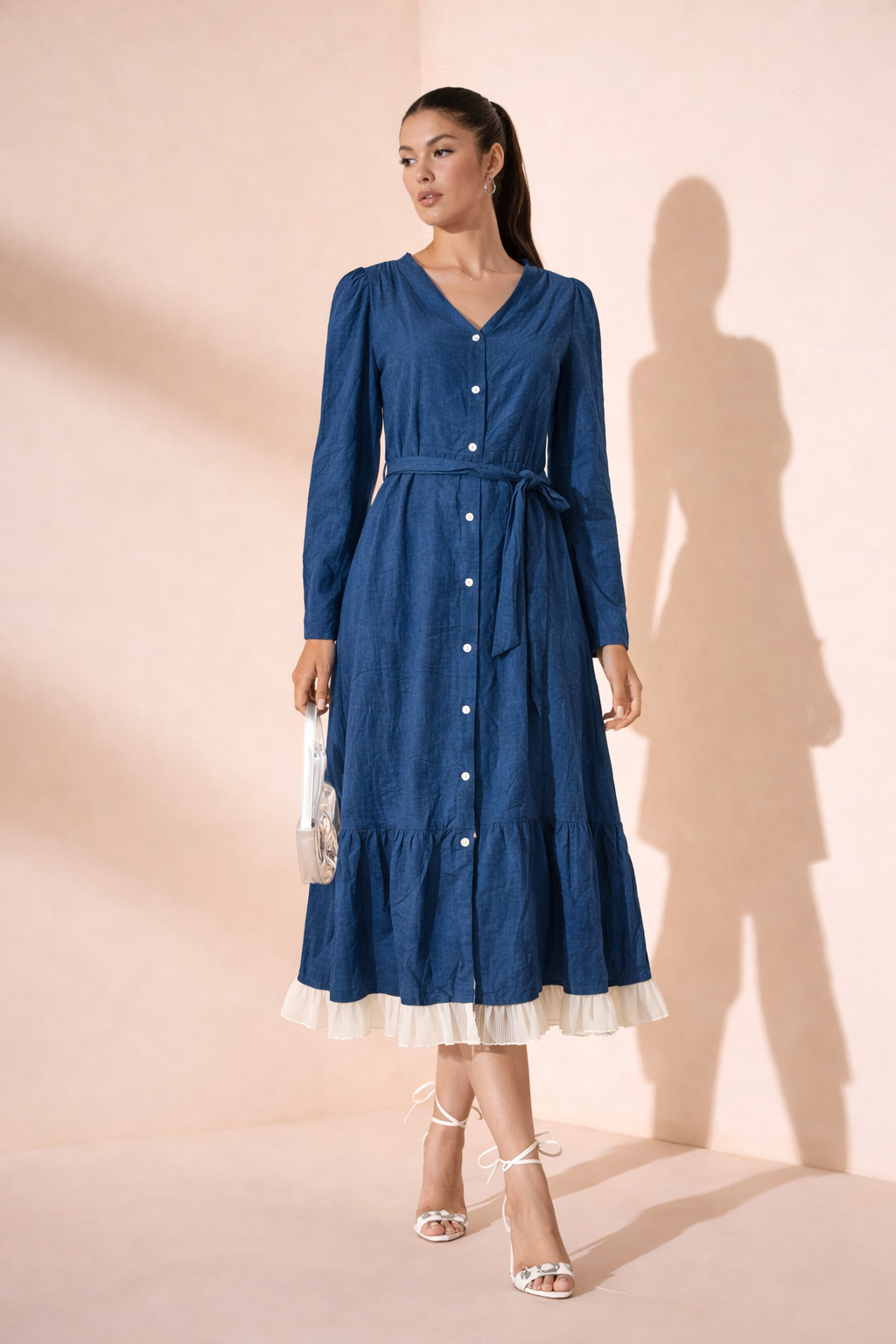 Indigo Charm Button Midi Dress