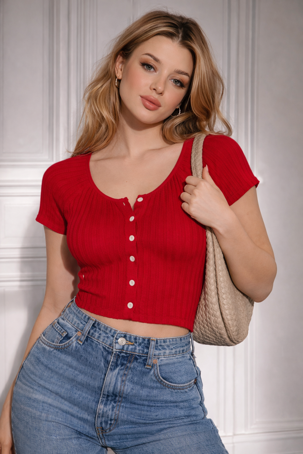 Cherry Chic Ribbed Button Crop Top