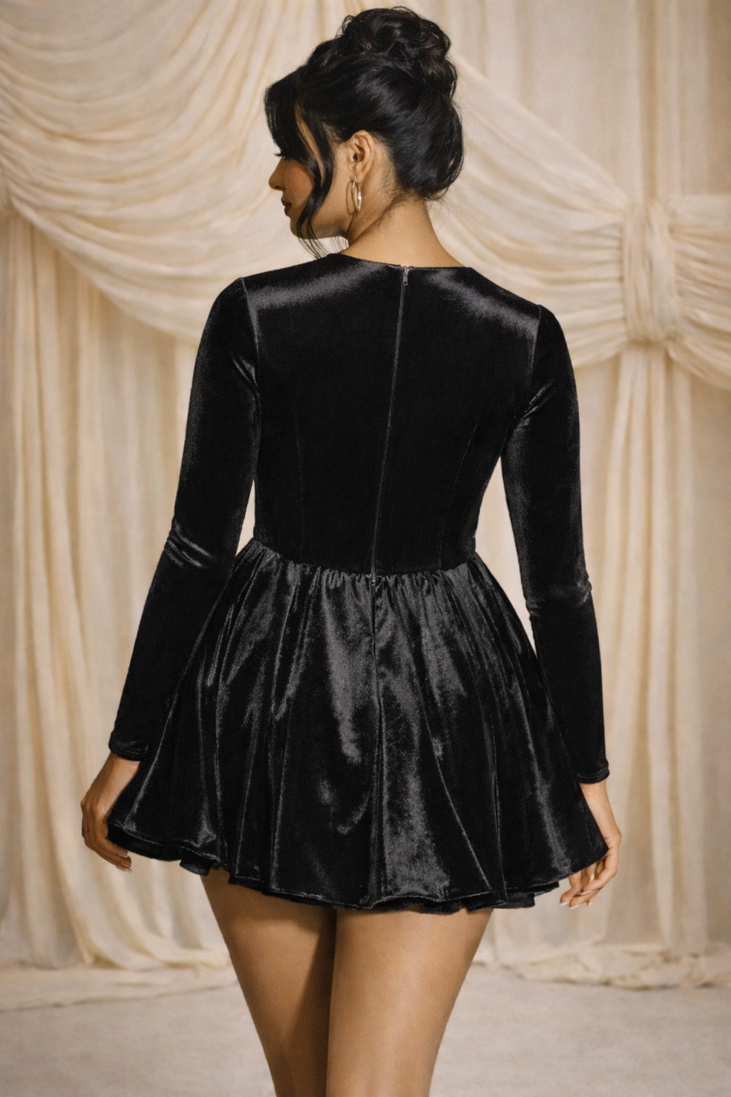 Velour Muse Skater Mini Dress- Midnight Noir Black