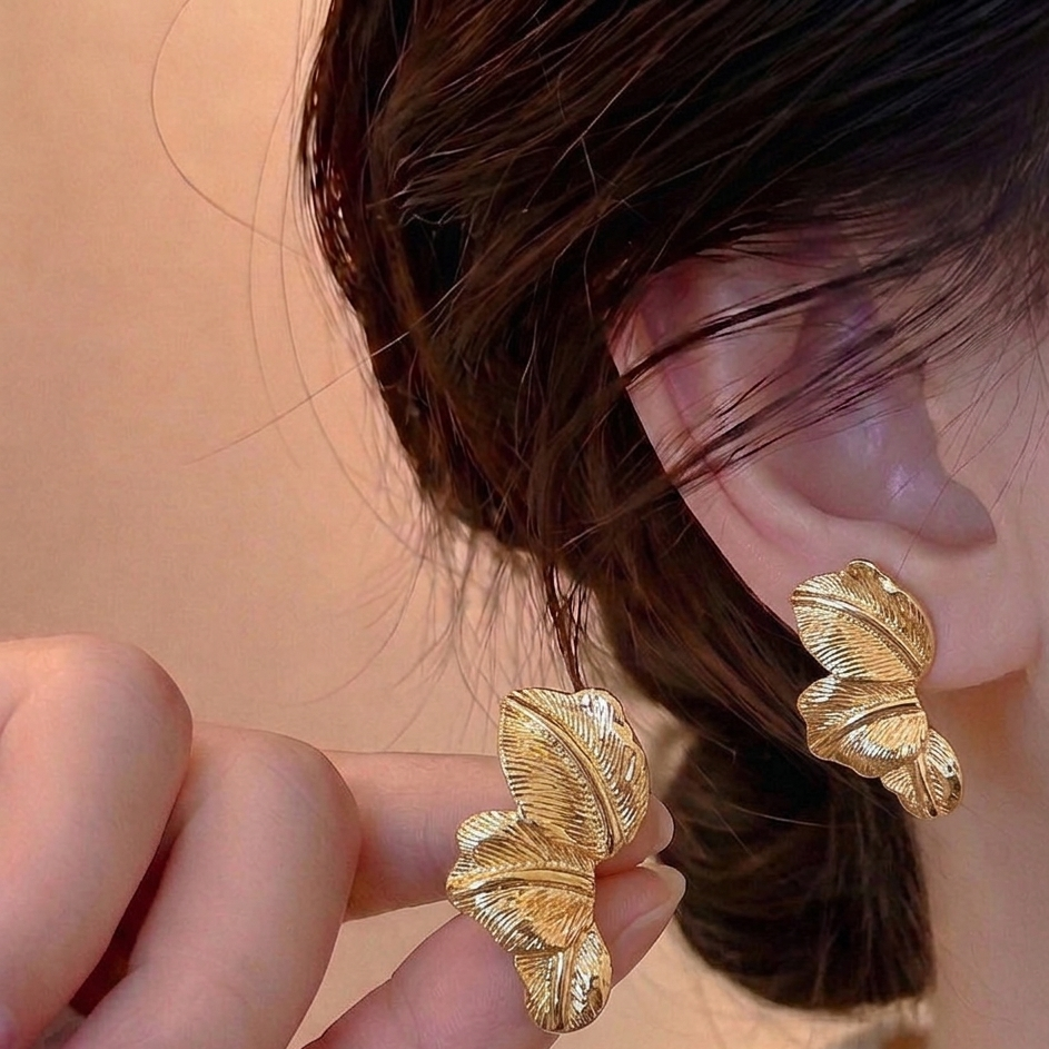 Golden Textured Leaf Stud Earrings