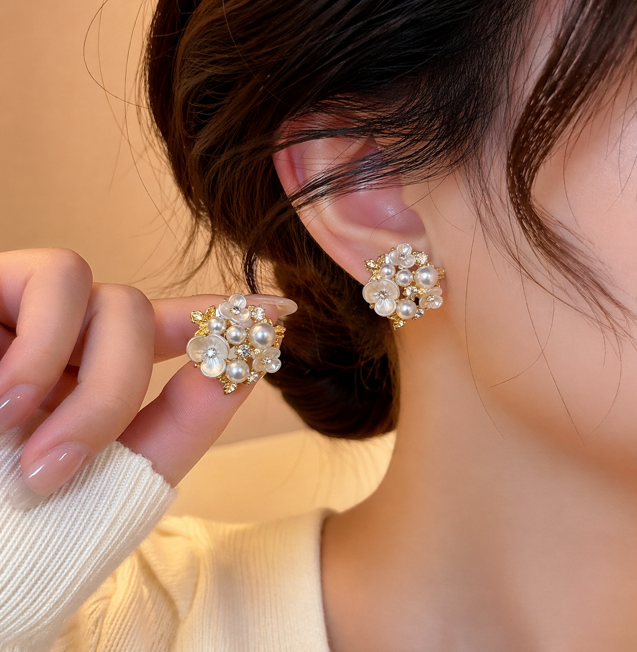 Golden Blossom Pearl Cluster Earrings