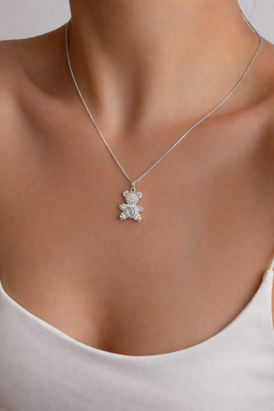 Crystal Teddy Heart Pendant Necklace