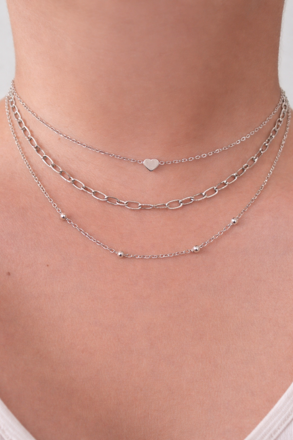 Silver Heart Layered Chain Necklace