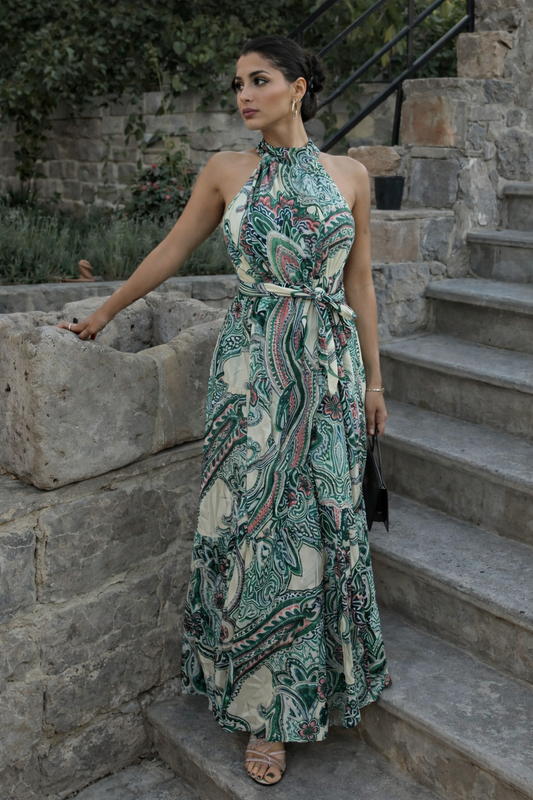 Emerald Paisley Halter Maxi Dress