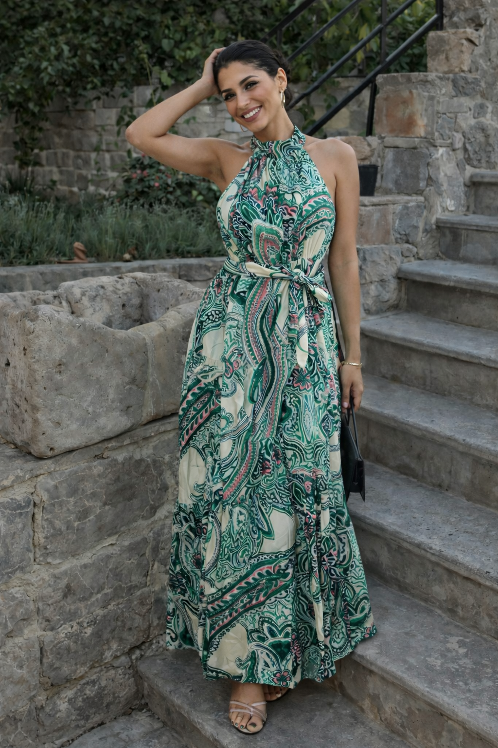 Emerald Paisley Halter Maxi Dress
