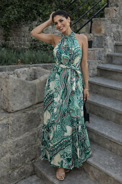 Emerald Paisley Halter Maxi Dress