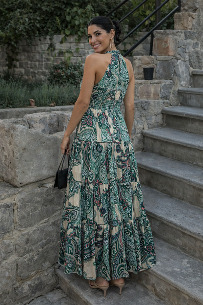 Emerald Paisley Halter Maxi Dress