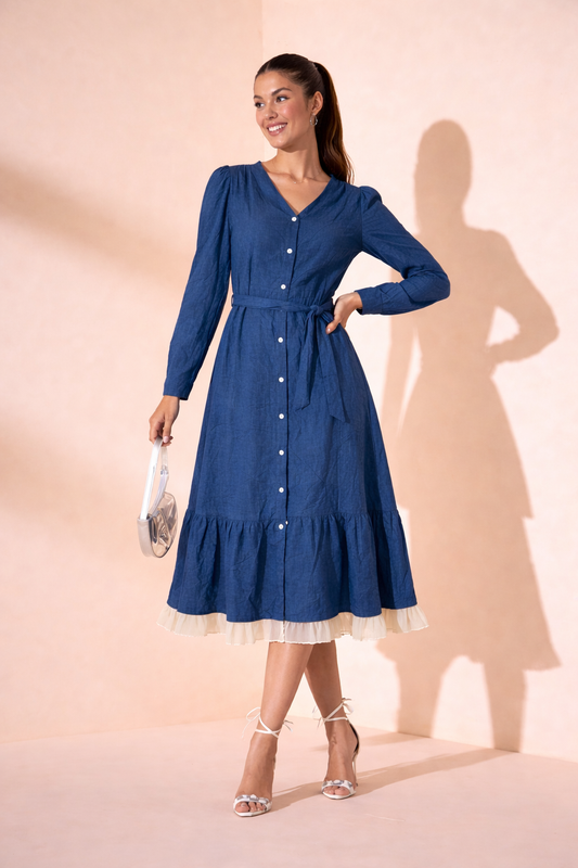 Indigo Charm Button Midi Dress