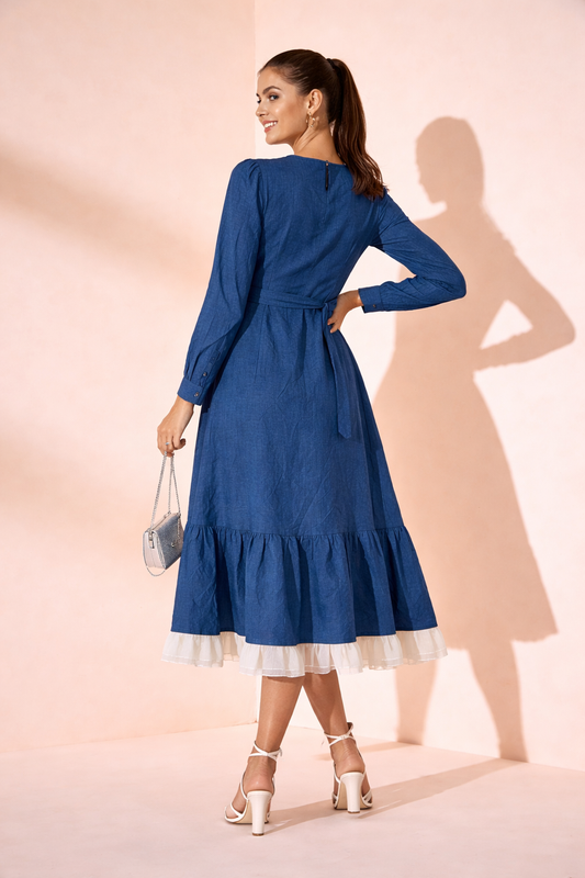 Indigo Charm Button Midi Dress