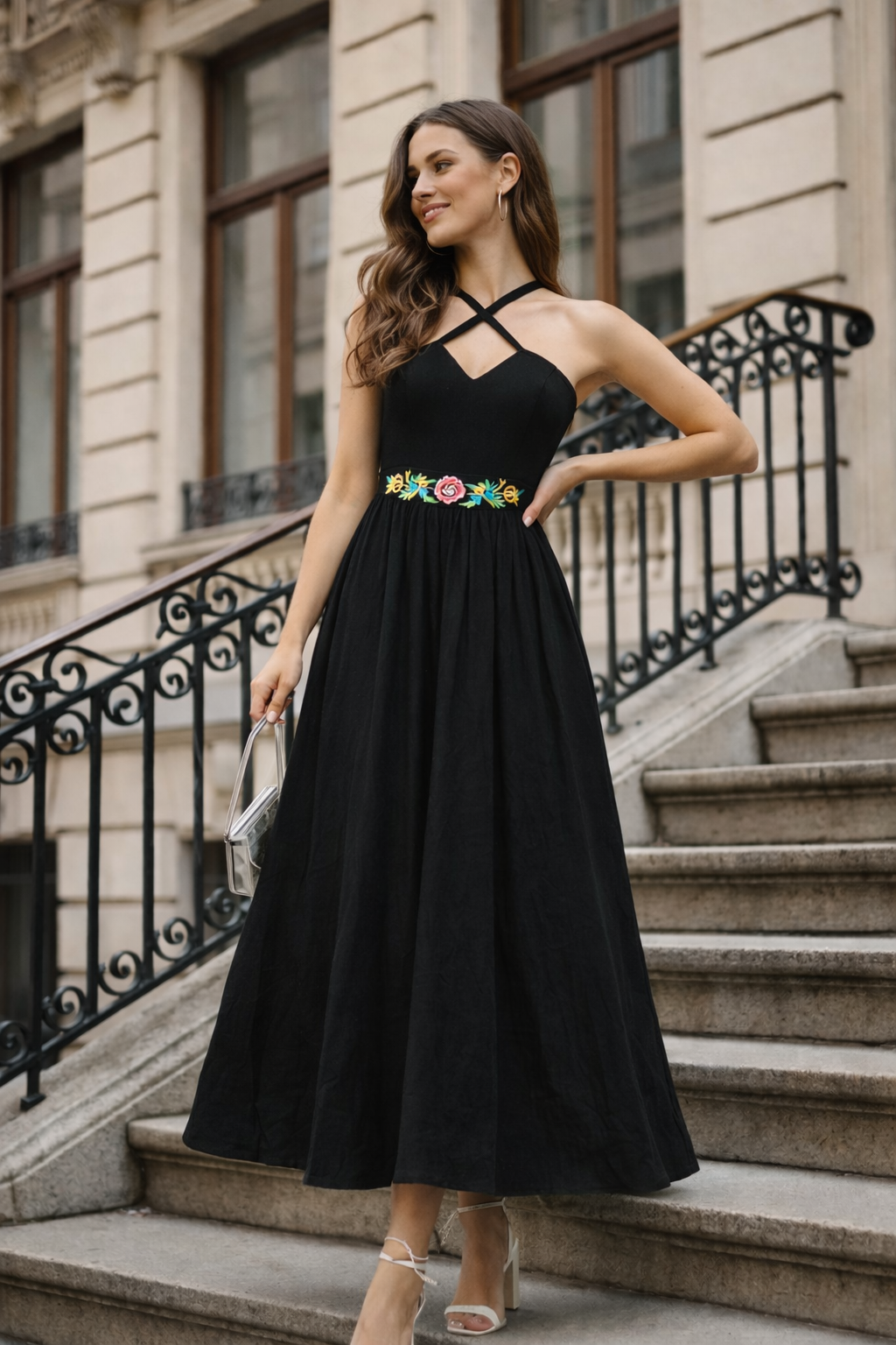 Midnight Bloom A-Line Midi Dress