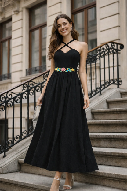 Midnight Bloom A-Line Midi Dress