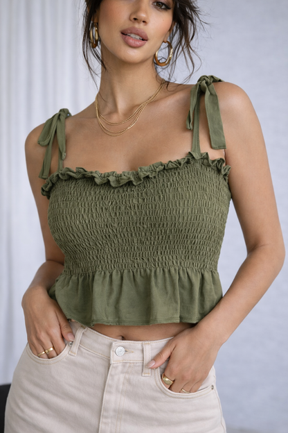 Olive Whisper Smocked Tie-Shoulder Top