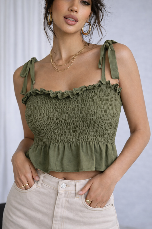 Olive Whisper Smocked Tie-Shoulder Top