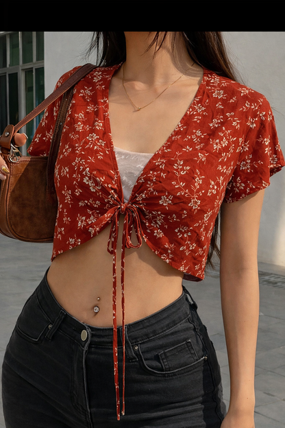 Rust Bloom Tie-Front Crop Top