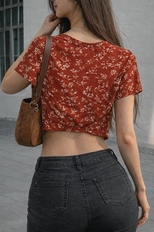 Rust Bloom Tie-Front Crop Top