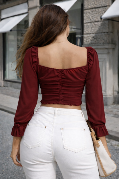 Crimson Charm Ruched Crop Blouse