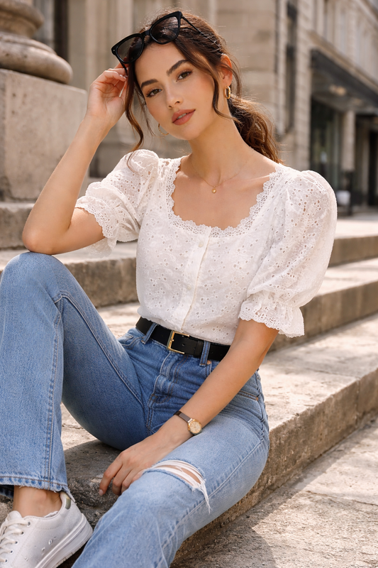 Eyelet Puff Sleeve Casual Blouse