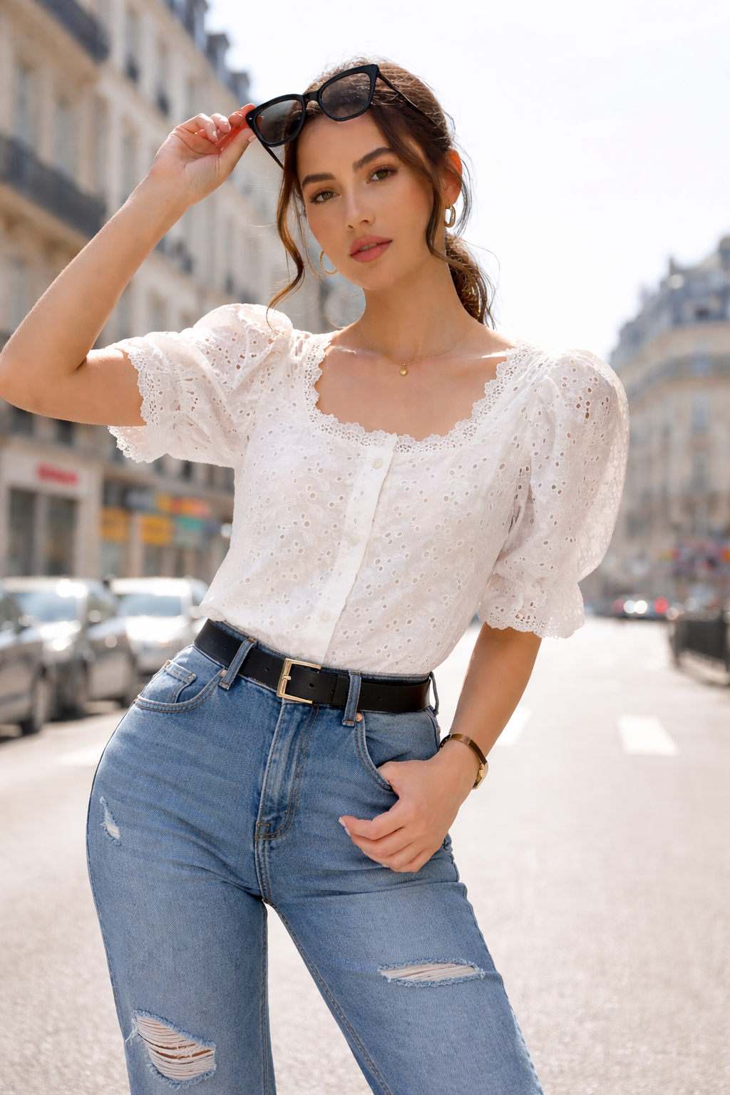 Eyelet Puff Sleeve Casual Blouse