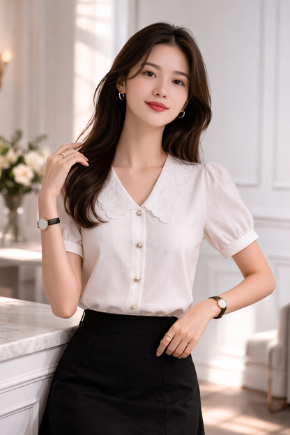 Women’s Scalloped Collar Puff Sleeve Blouse