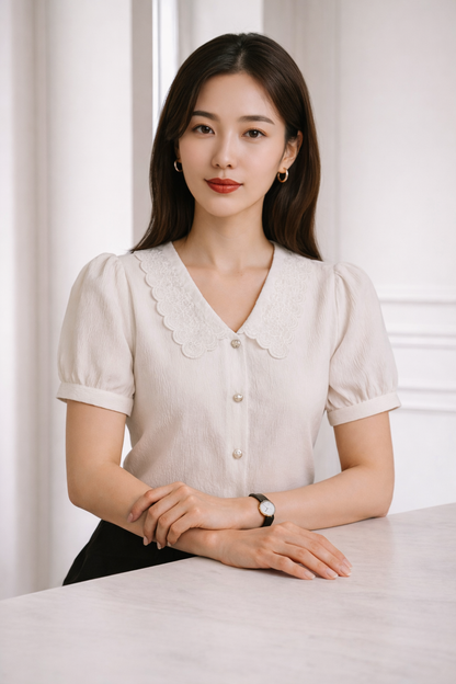 Women’s Scalloped Collar Puff Sleeve Blouse