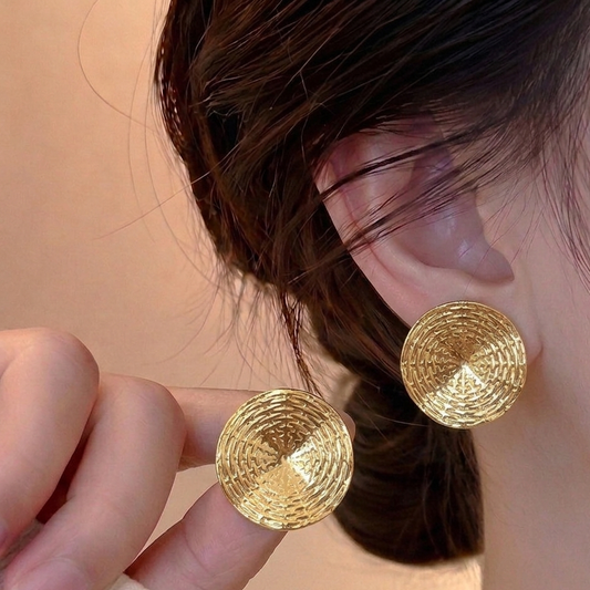 Golden Ripple Disc Stud Earrings