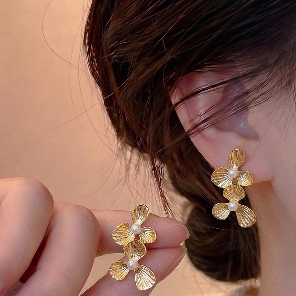 Golden Petal Pearl Drop Earrings